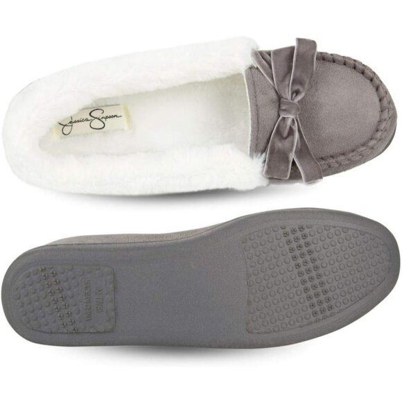 Women's Gray Bow Faux Fur Collar Pull On Plush Lining Slipper Boot Shoes - Picture 5 of 8